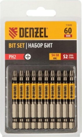 Набор бит Denzel PH2х60 сталь s2, круглый профиль, 10 шт. [11642]