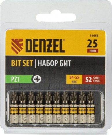 Набор бит Denzel PZ1х25 сталь s2, шестигранный профиль, 10 шт. [11653]