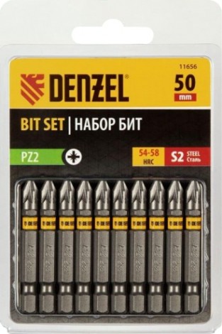 Набор бит Denzel PZ2х50 сталь s2, шестигранный профиль, 10 шт. [11656]