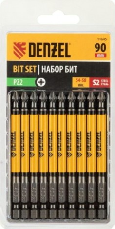 Набор бит Denzel PZ2х90 сталь s2, круглый профиль, 10шт. [11645]