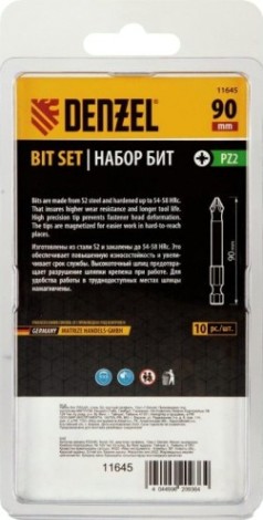 Набор бит Denzel PZ2х90 сталь s2, круглый профиль, 10шт. [11645]