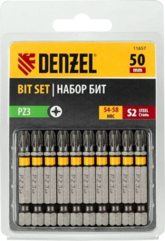 Набор бит Denzel PZ3х50 сталь s2, шестигранный профиль, 10 шт. [11657]