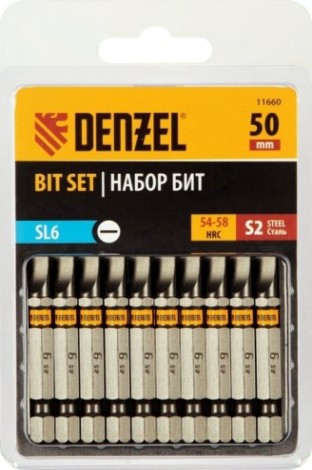 Набор бит Denzel SL6,0х50 сталь s2, шестигранный профиль, 10шт. [11660]