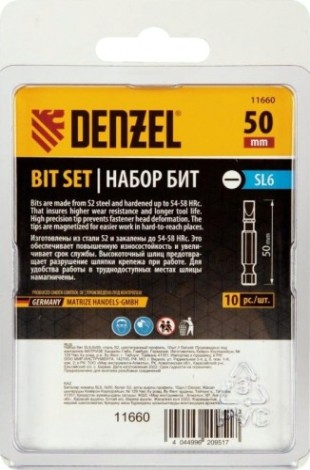 Набор бит Denzel SL6,0х50 сталь s2, шестигранный профиль, 10шт. [11660]