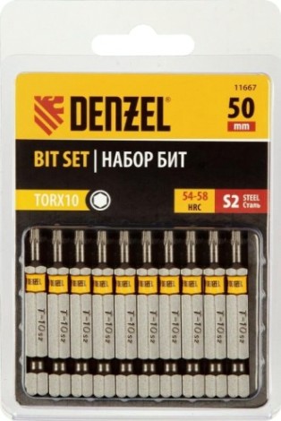 Набор бит Denzel TORX 10х50 сталь s2, шестигранный профиль, 10 шт. [11667]