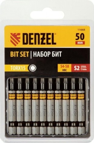 Набор бит Denzel TORX 15х50 сталь s2, шестигранный профиль, 10 шт. [11668]