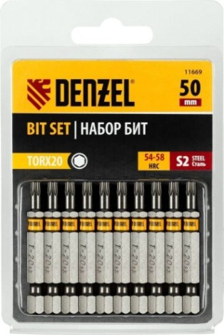 Набор бит Denzel TORX 20х50 сталь s2, шестигранный профиль, 10 шт. [11669]