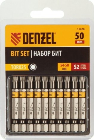 Набор бит Denzel TORX 25х50 сталь s2, шестигранный профиль, 10 шт. [11670]