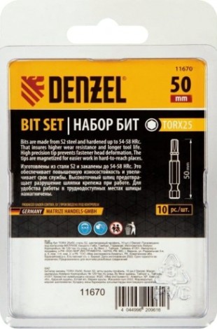 Набор бит Denzel TORX 25х50 сталь s2, шестигранный профиль, 10 шт. [11670]