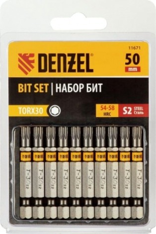 Набор бит Denzel TORX 30х50 сталь s2, шестигранный профиль, 10 шт. [11671]