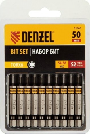Набор бит Denzel TORX 6х50 сталь s2, шестигранный профиль, 10 шт. [11665]