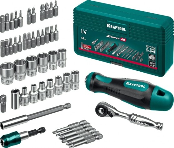 Набор бит и головок KRAFTOOL X-Drive с битодержателем и трещоткой 49 шт. [25816]