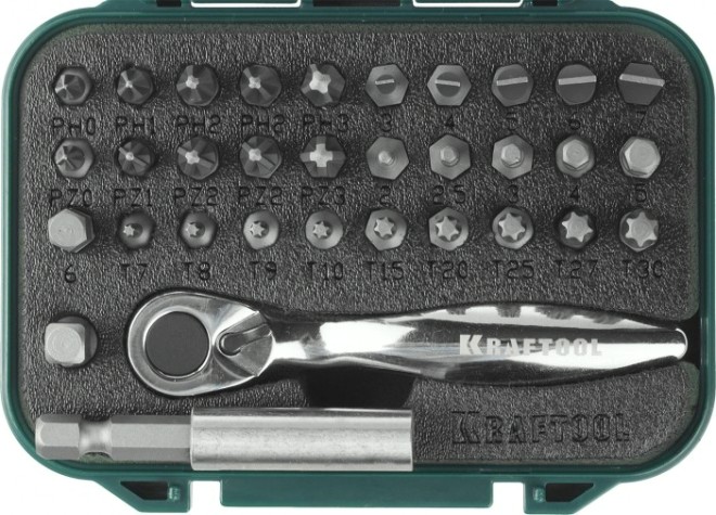 Набор бит KRAFTOOL EXPERT 26157-H33 с мини трещоткой 1/4", 33 пред. [26157-H33]