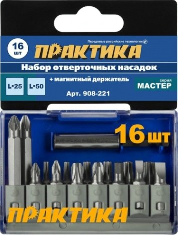 Набор бит ПРАКТИКА "Мастер" 16 шт 25 и 50 мм PH, PZ, HEX SL, TORX держатель 60 [908-221]