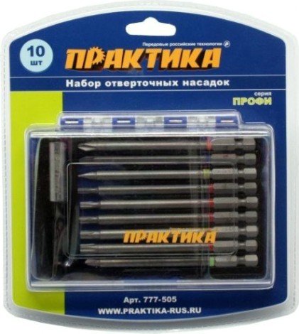 Набор бит ПРАКТИКА "Профи" 10шт, 100 мм, PH, PZ, SL, Torx, Tri-Wing, держатель 75 мм [777-505]
