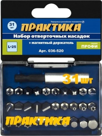 Набор бит ПРАКТИКА "Профи" 31шт PH 4шт PZ 4шт Torx 8шт LS 7шт HEX 7шт м/д [036-520]