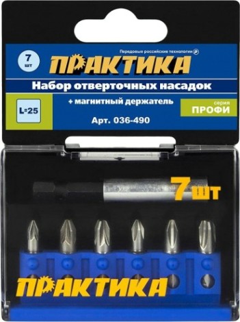 Набор бит ПРАКТИКА "Профи" 7шт PH1,2,3; PZ1,2,3x25мм, магнитный держа [036-490]