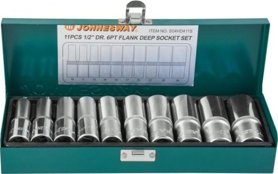 Набор головок 1/2" JONNESWAY S04HD411S глубоких 1/2"DR, 10-24 мм, 11 предметов [047243]