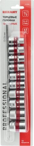 Набор головок 1/2" REXANT 12-8304 торцевых, двенадцатигранные CRV, 10 шт, 10-24 мм Набор головок 1/2" REXANT 12-8304 торцевых, двенадцатигранные CRV, 10 шт, 10-24 мм