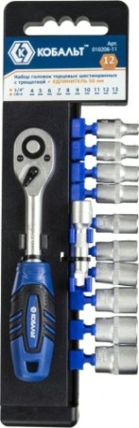 Набор головок 1/4" Кобальт 010206-11 торцевых с трещоткой cr-v (12 шт.)