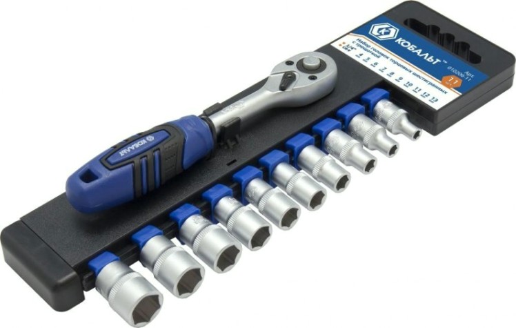 Набор головок 1/4" Кобальт 010206-11 торцевых с трещоткой cr-v (12 шт.)