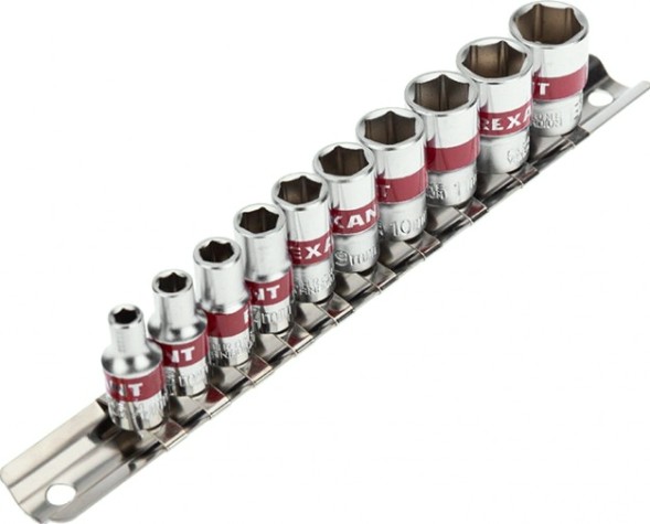 Набор головок 1/4" REXANT 12-8316 торцевых 1/4, шестигранные, CRV, 10 шт. Набор головок 1/4" REXANT 12-8316 торцевых 1/4, шестигранные, CRV, 10 шт.