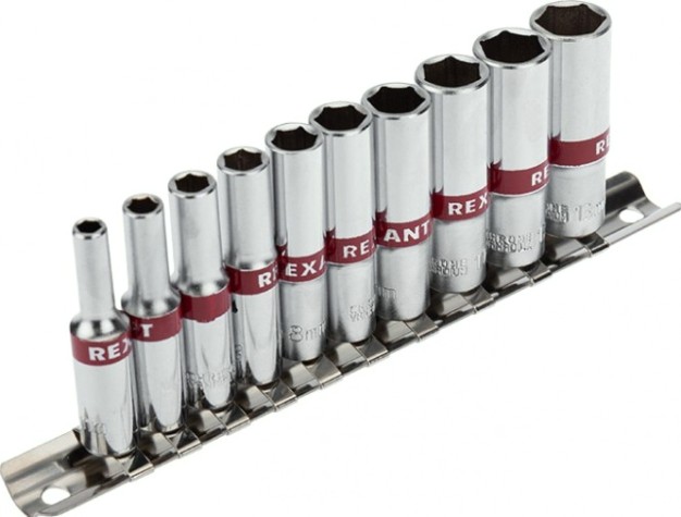 Набор головок 1/4" REXANT 12-8318 удлиненных торцевых 1/4, шестигранные, CRV, 10 шт. Набор головок 1/4" REXANT 12-8318 удлиненных торцевых 1/4, шестигранные, CRV, 10 шт.