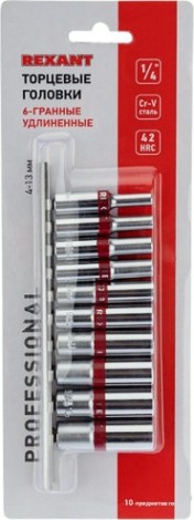 Набор головок 1/4" REXANT 12-8318 удлиненных торцевых 1/4, шестигранные, CRV, 10 шт.