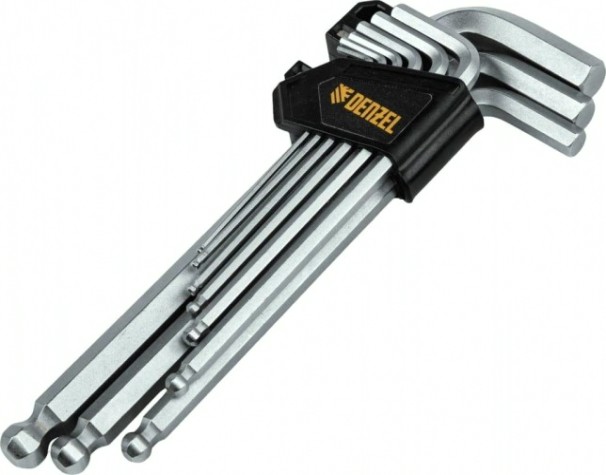 Набор ключей шестигранных Denzel HEX 1,5-10 мм, crv, 9 шт., удлиненные, с шаром [12364]