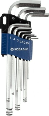 Набор ключей шестигранных Кобальт 020401-09 угловых с шаром cr-v (9 шт.) Набор ключей шестигранных Кобальт 020401-09 угловых с шаром cr-v (9 шт.)