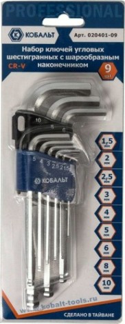 Набор ключей шестигранных Кобальт 020401-09 угловых с шаром cr-v (9 шт.)