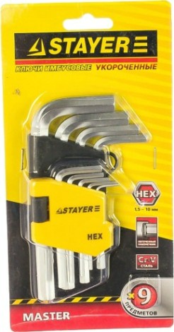 Набор ключей шестигранных STAYER HEX 1,5 "master" короткие, cr-v. [2740-H9]