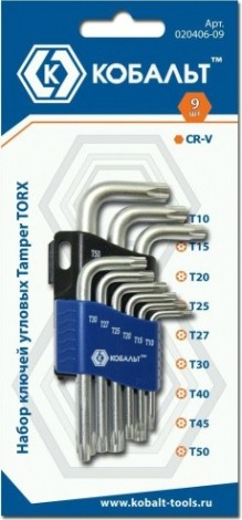 Набор ключей TORX Кобальт 020406-09 угловых tamper cr-v (9 шт.) Набор ключей TORX Кобальт 020406-09 угловых tamper cr-v (9 шт.)