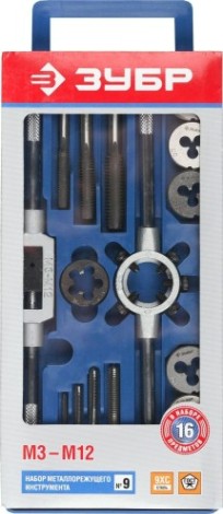 Набор метчиков и плашек ЗУБР МАСТЕР 16 предметов, в пластиковом боксе, сталь 9хс [28122-H16]