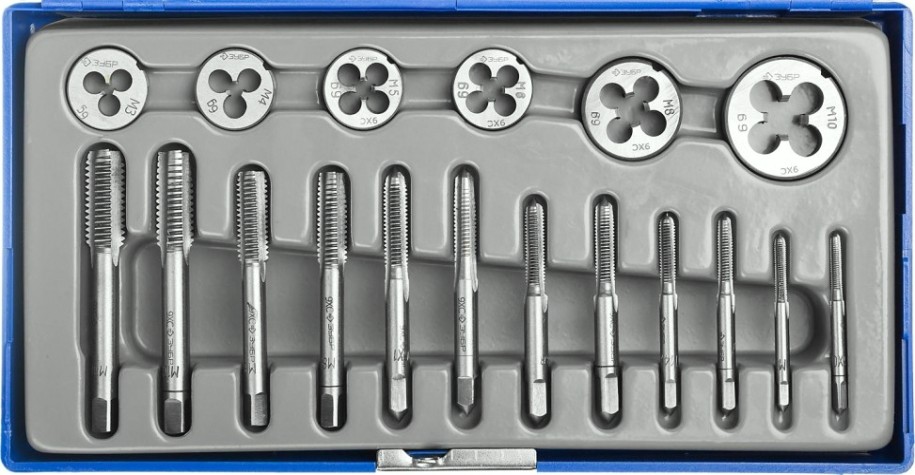 Набор метчиков и плашек ЗУБР МАСТЕР 18 предметов, в пластиковом боксе, сталь 9хс [28120-H18]