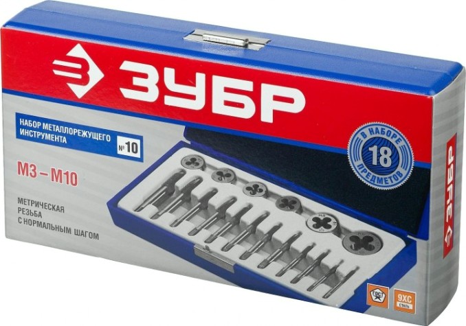 Набор метчиков и плашек ЗУБР МАСТЕР 18 предметов, в пластиковом боксе, сталь 9хс [28120-H18]