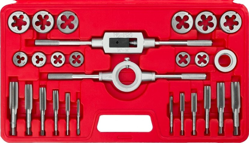 Набор метчиков и плашек ЗУБР МАСТЕР 27 предметов, в пластиковом боксе, сталь 9хс [28123-H27]