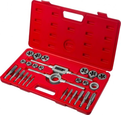 Набор метчиков и плашек ЗУБР МАСТЕР 27 предметов, в пластиковом боксе, сталь 9хс [28123-H27]