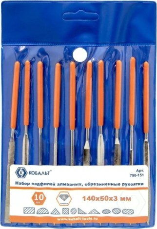 Набор надфилей алмазных Кобальт 790-151 140х 50х3 мм, обрезиненные рукоятки (10 шт.)