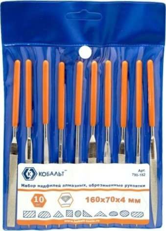 Набор надфилей алмазных Кобальт 790-182 160х70х4 мм, обрезиненные рукоятки (10 шт.)