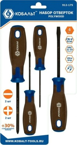 Набор отверток Кобальт 912-175 polywood, cr-v, древесно-полимерная рукоятки (4 шт Набор отверток Кобальт 912-175 polywood, cr-v, древесно-полимерная рукоятки (4 шт