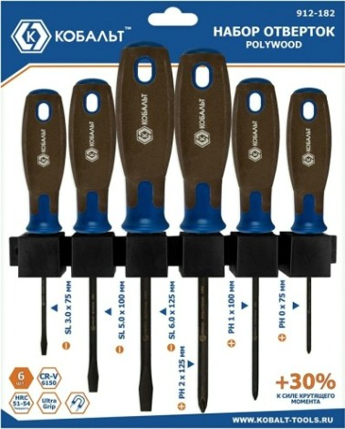 Набор отверток Кобальт 912-182 polywood, cr-v, древесно-полимерная рукоятки (6 шт Набор отверток Кобальт 912-182 polywood, cr-v, древесно-полимерная рукоятки (6 шт