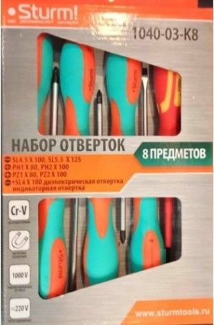 Набор отверток Sturm 1040-03-K8 1 диэлект, 1 тестер, cr-v, 8 пред. Набор отверток Sturm 1040-03-K8 1 диэлект, 1 тестер, cr-v, 8 пред.