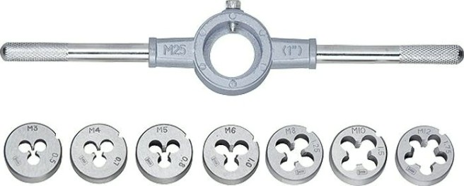 Набор резьбонарезных инструментов СИБРТЕХ М3-М12 плашек, 8 предметов [77309]