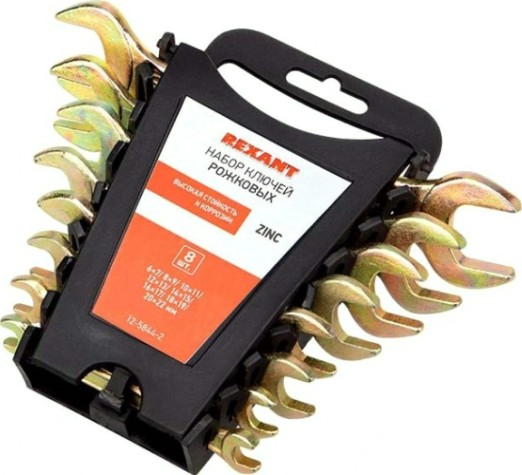 Набор рожковых ключей REXANT 12-5844-2 (6х7-20х22 мм), 8 шт., желтый цинк Набор рожковых ключей REXANT 12-5844-2 (6х7-20х22 мм), 8 шт., желтый цинк