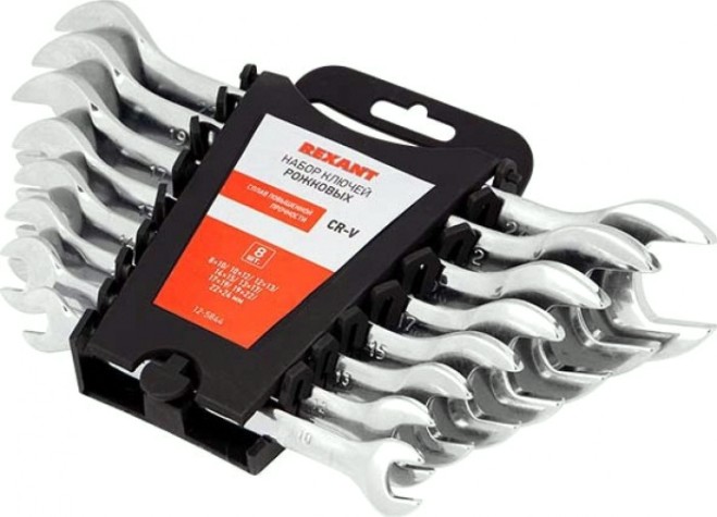 Набор рожковых ключей REXANT 12-5844 8-24 мм CRV, 8 шт. Набор рожковых ключей REXANT 12-5844 8-24 мм CRV, 8 шт.