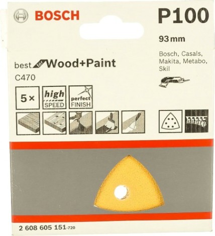 Набор шлифовальных листов для МФИ BOSCH 93 мм 6 отв. Р 100 VELCRO (уп.5шт) BEST FOR WOOD end PAINT [2608605151]