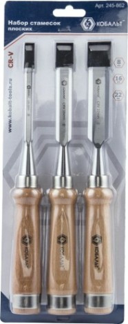 Набор стамесок Кобальт 245-862 (8, 16, 22х140 мм) cr-v, деревянная рукоятка