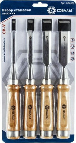 Набор стамесок Кобальт 245-879 плоских (6, 12, 18, 24х140 мм) cr-v, деревянная рукоятка [245-879]