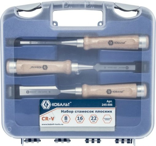 Набор стамесок Кобальт 245-886 плоских (8, 16, 22х140 мм), cr-v, деревянная рукоятка [245-886]